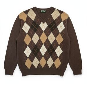 Castle of Ireland Mens Brown Argyle V-Neck Sweater Lambswool Blend Grandpa LG
​